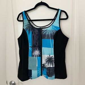 Women's Black and Blue Palm Front Zip-up Swim Top